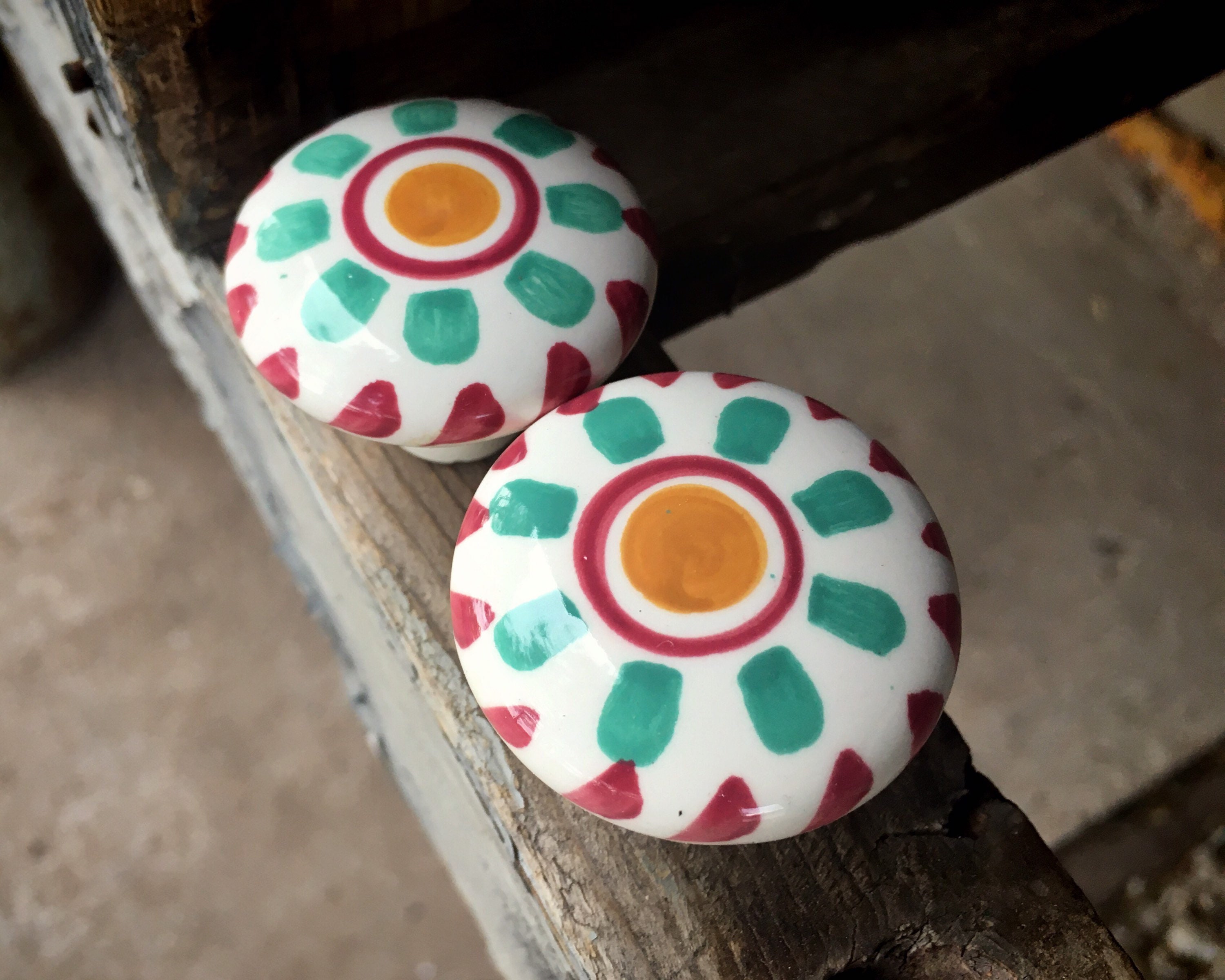 Pair of Ceramic Drawer Pulls in Green and Pink, Rustic Bohemian Home
