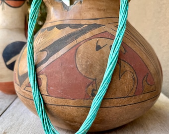 Twelve-Strand Fine Turquoise Heishi Necklace 24.5", Intertwined Beads, Silver Cones