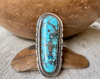 Navajo Walter Vanderver Turquoise Long Ring Approx Size 8 (Slightly Adj), Native American