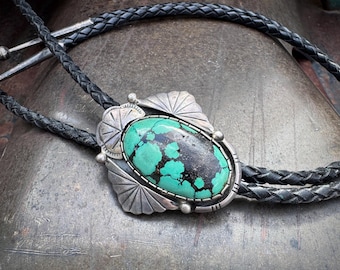 Black Matrixed Turquoise Bolo Tie Sterling Silver Revival Design, Signed J. Abeyta
