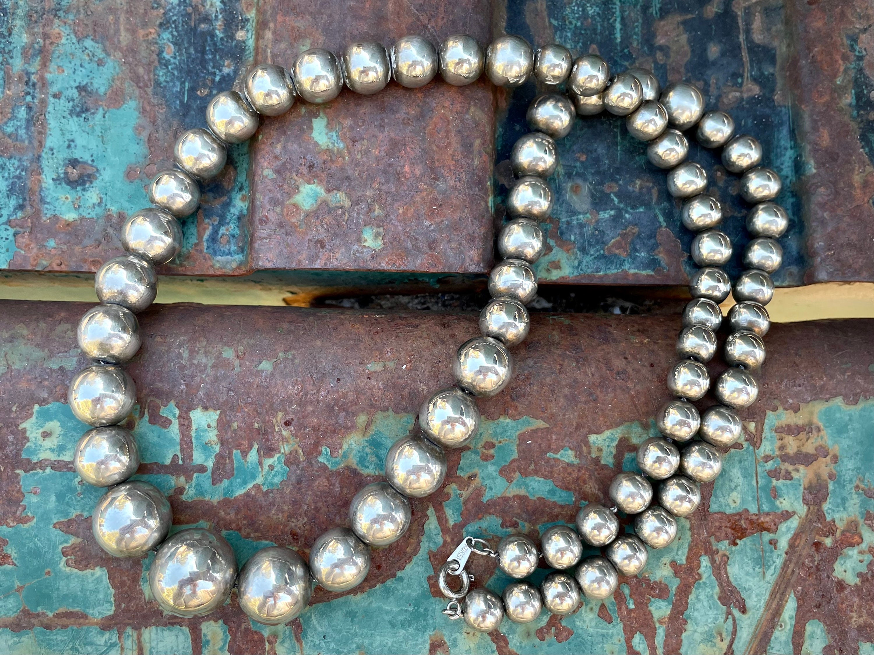 1950s Silver Plated Graduated Bead Necklace 25 Marked Korea Strung