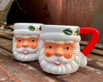 Pair of Matching Vintage Santa Claus Face Ceramic Cups, Christmas Decoration, Gift for Couple