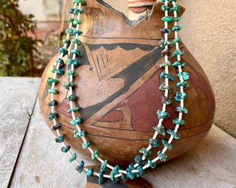 Vintage Two Strand Turquoise Nugget & Seed Bead Necklace with Tied Off Twine Closure, Santo Domingo Pueblo, Native America Indian Jewelry