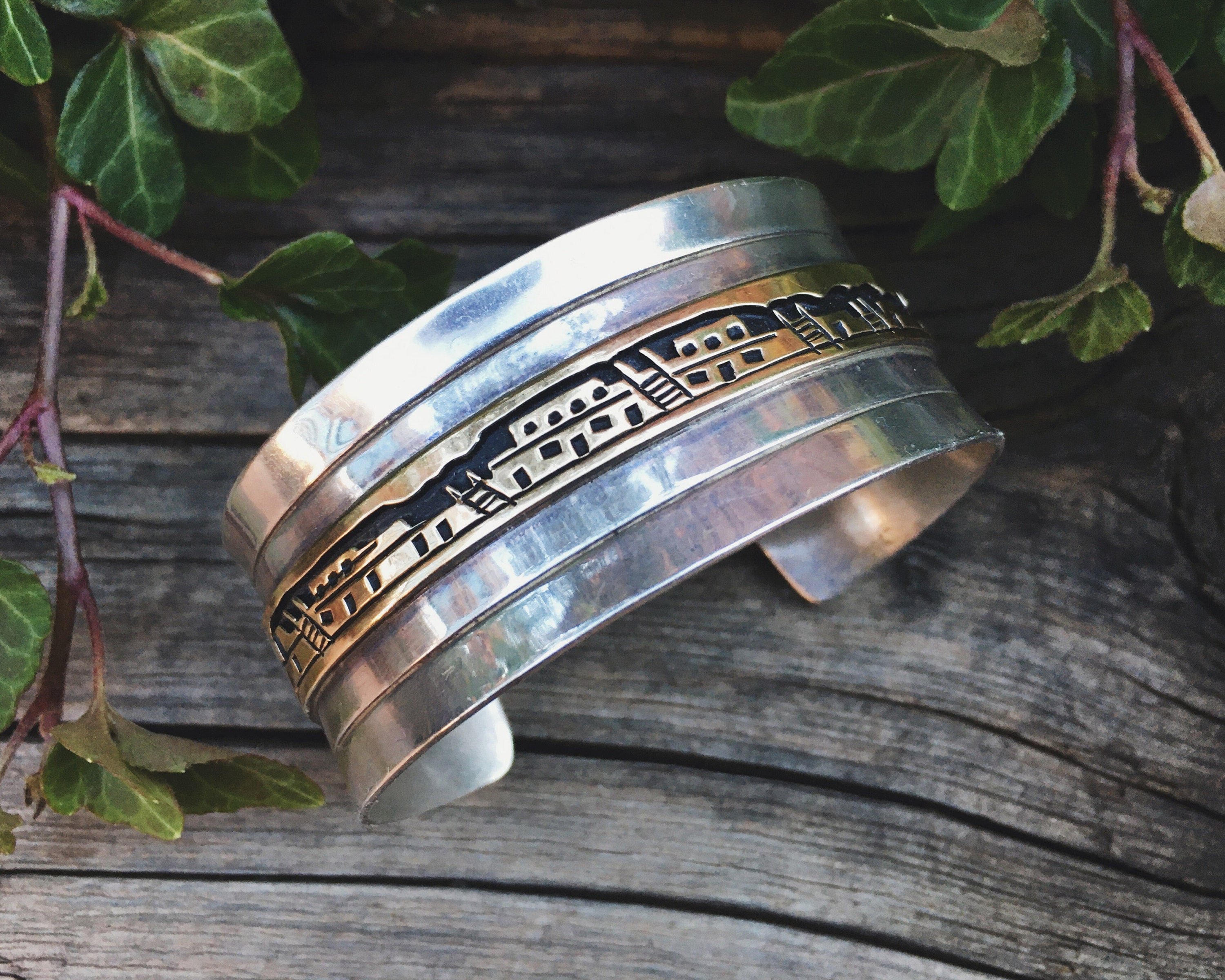 Navajo Leonard Nez Sterling Silver 14K Gold Story Cuff Bracelet