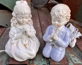 CHOOSE: Porcelain Night Light of Praying Girl OR Boy, Religious Decor, Goddaughter Godson Gift