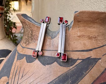 Modernist Navajo Earrings Sterling Silver Garnet by Emerson Billy, Native American Jewelry