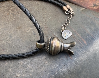 Dennis Hogan Sterling Silver Squash Blossom Pendant Necklace on Black Leather Chain 19.25”