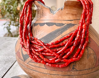 Vintage Sherpa Coral Multi Strand Naga Necklace Made with Czechoslovakian Red Spun Glass Beads, Bohemian Jewelry Tribal, Valentine Day Style