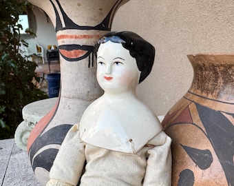 Antique China Head Doll Lady with Handmade Cloth Body No Clothing
