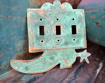 Vintage Southwestern Metal Light Switch Cover Cowboy Boot w/ Spur Verdigris, Triple Switchplate