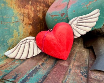 Distressed Wooden Winged Heart Hanging Sculpture (Removable Wings), Mexican Folk Art