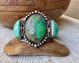 Fred Harvey Era Oval Chrysocolla or Turquoise Cuff Bracelet Approx Size 6+, Old Pawn