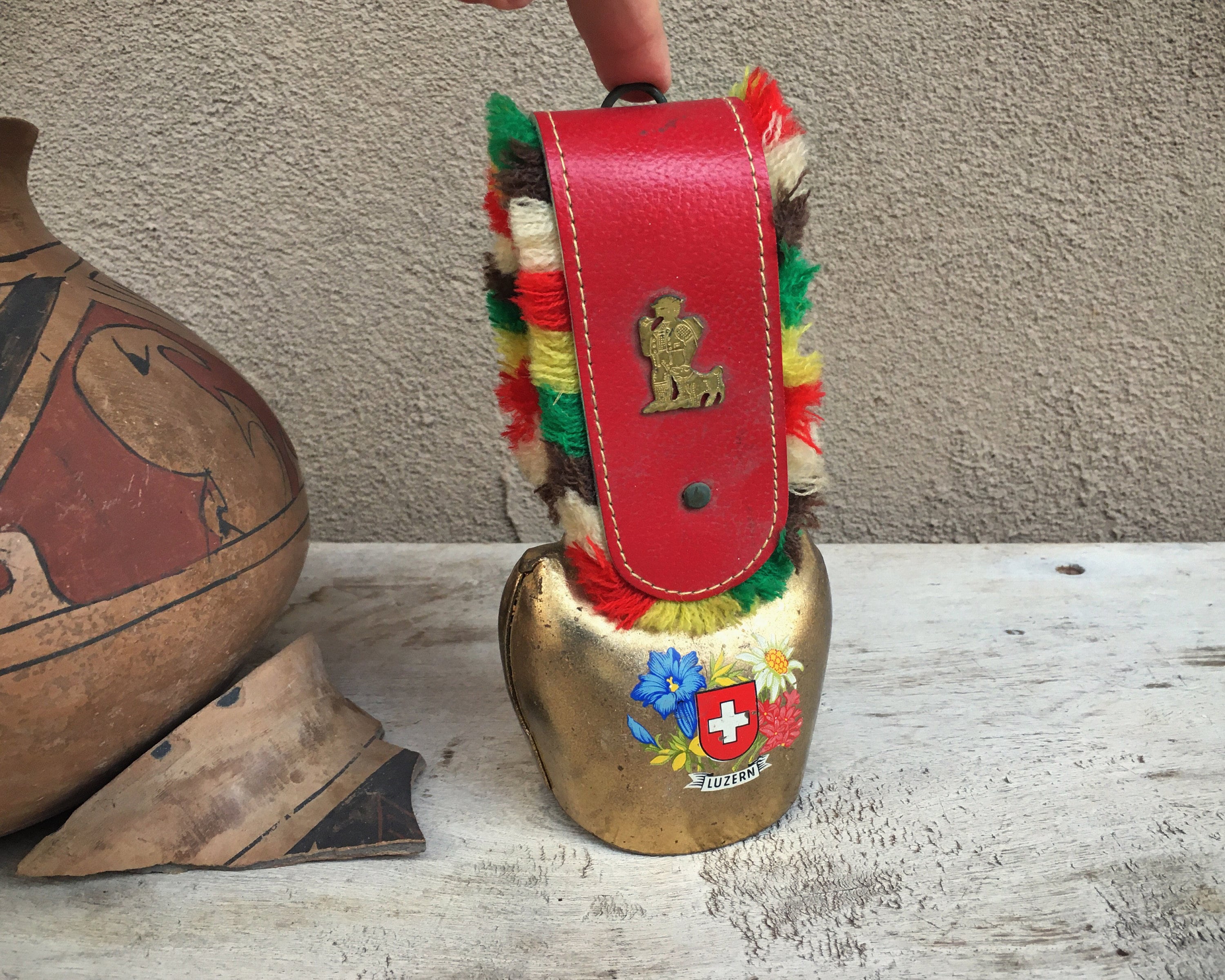 Souvenir Lucerne Swiss Cow Bell on Strap, Barn Salvage Industrial Decor