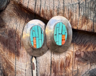 Vintage Turquoise Inlay Sterling Silver Earrings Signed DR, 1980s Southwest