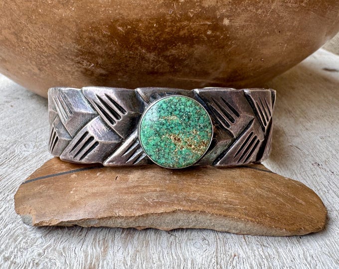 Featured listing image: Vintage Sterling Silver Round Turquoise Stone Bracelet Size 6.75, Navajo Men’s Cuff
