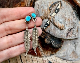 Vintage Silver and Turquoise Stone Earrings with Feather, Southwestern Native American Style
