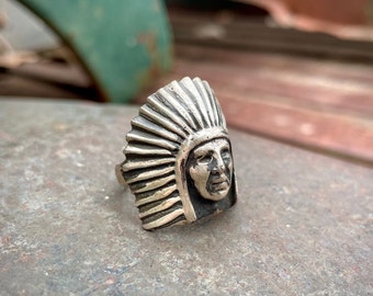 Indian Chief Sterling Silver Native American Chief Ring Unisex Approx Size 10, Biker Jewelry