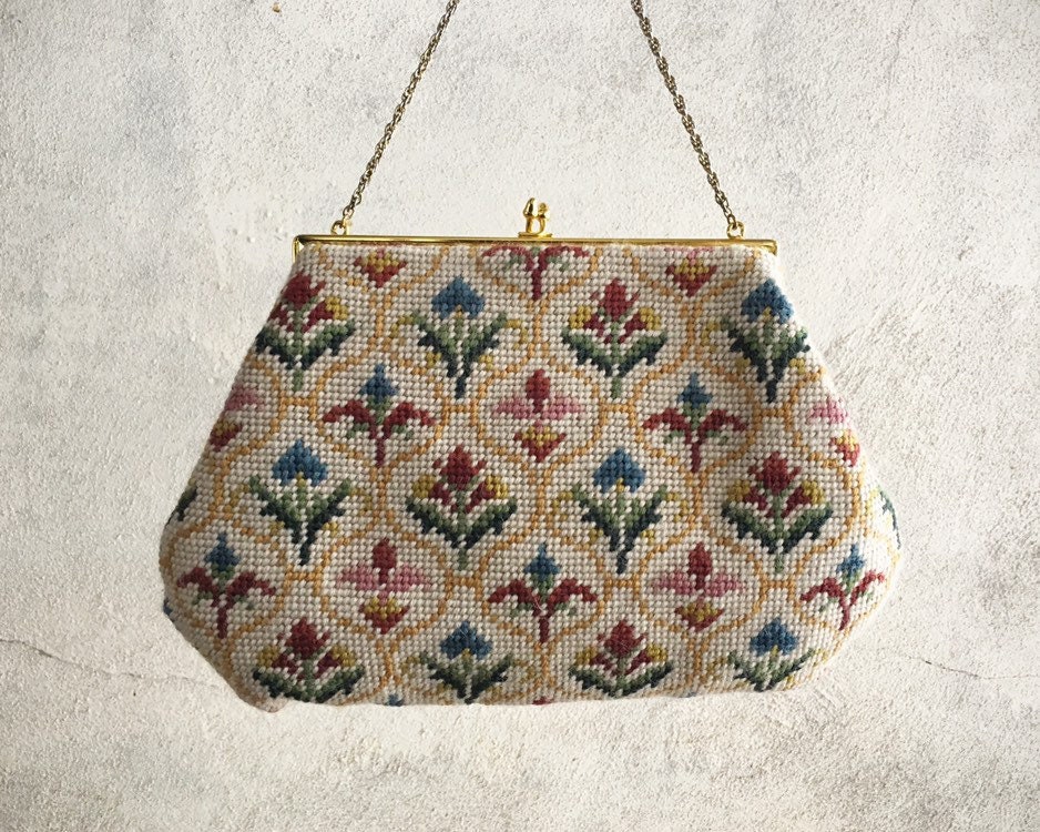 Vintage Woolen Needlepoint Top Handle Bag with Goldtone Clasp 1950s to