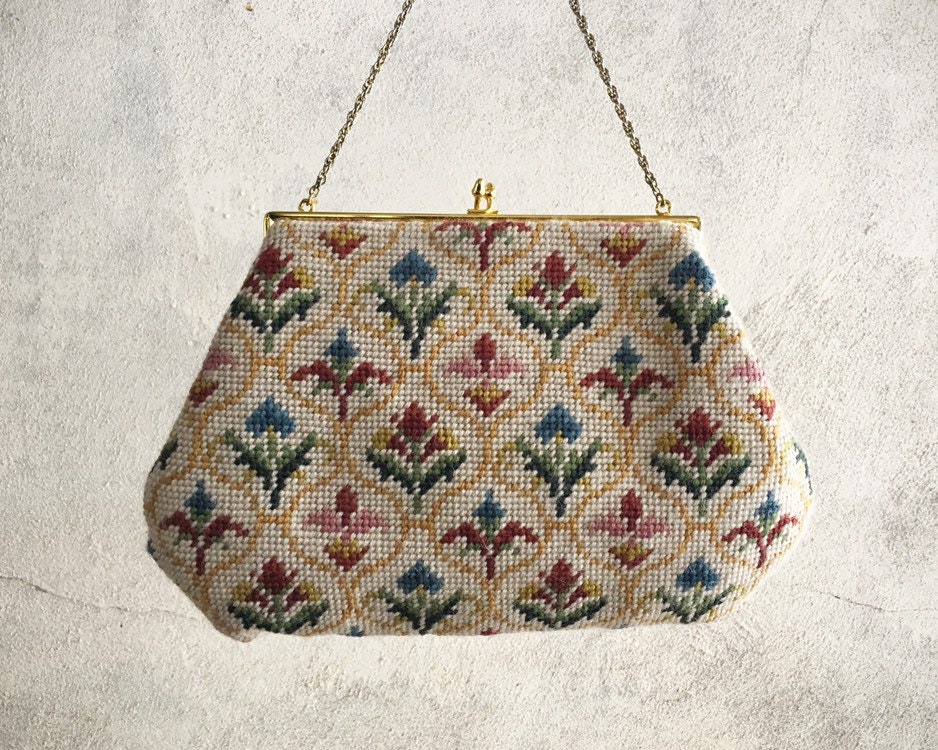 1960s Handmade Needlepoint Bag with Wooden Handles