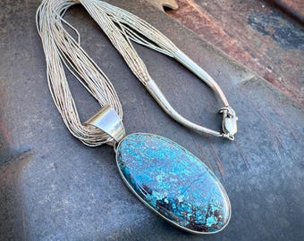 Sterling Silver Shattuckite Pendant by Navajo Me'Dru Nelson on Liquid Silver Chain