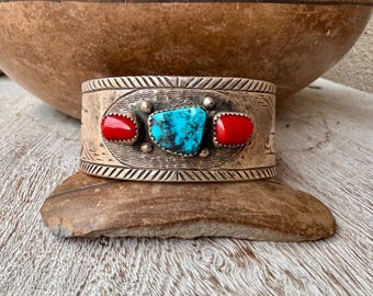 Navajo Sam Kee Turquoise Coral Cuff Bracelet Approx Size 6.25, Stamped Silver