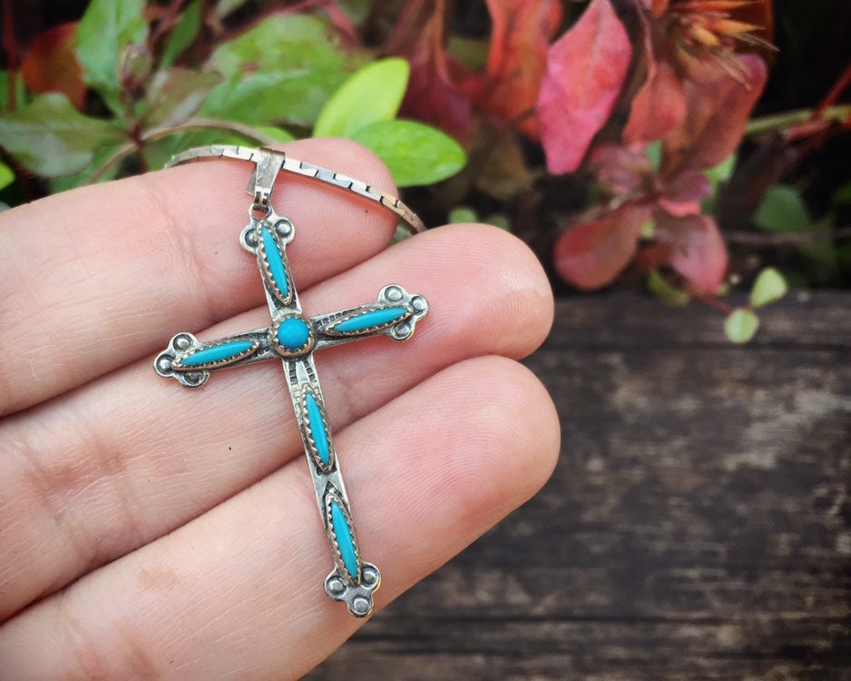 Fred Harvey Era Vintage Turquoise Cross Pendant Bell Trading