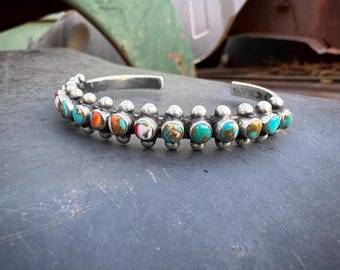 Navajo Raymond Betsoi Narrow Snake Eye Row Bracelet of Turquoise Spiny Oyster, Size 6.25