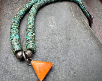 Turquoise Heishi Choker Necklace Approx 17.5" w/ Spiny Oyster Triangle Pendant, Short Length