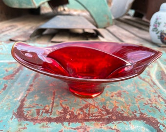 1958 Viking Glass Epic Line Ruby Red Two Part Divided Relish Tray #1160, Sculptural Condiment Candy Bowl, Midcentury Modern Decor, USA Made
