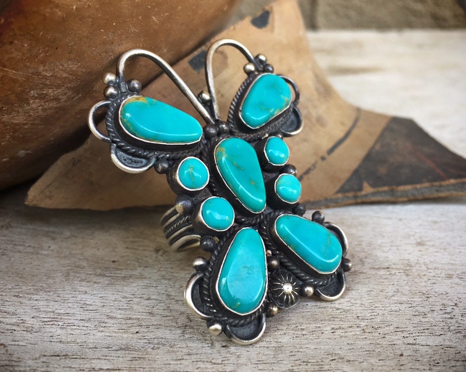 Big Butterfly!! Navajo Native American Sterling Silver Turquoise Ring Big Butterfly!! Navajo Native American Sterling Silver Turquoise Ring