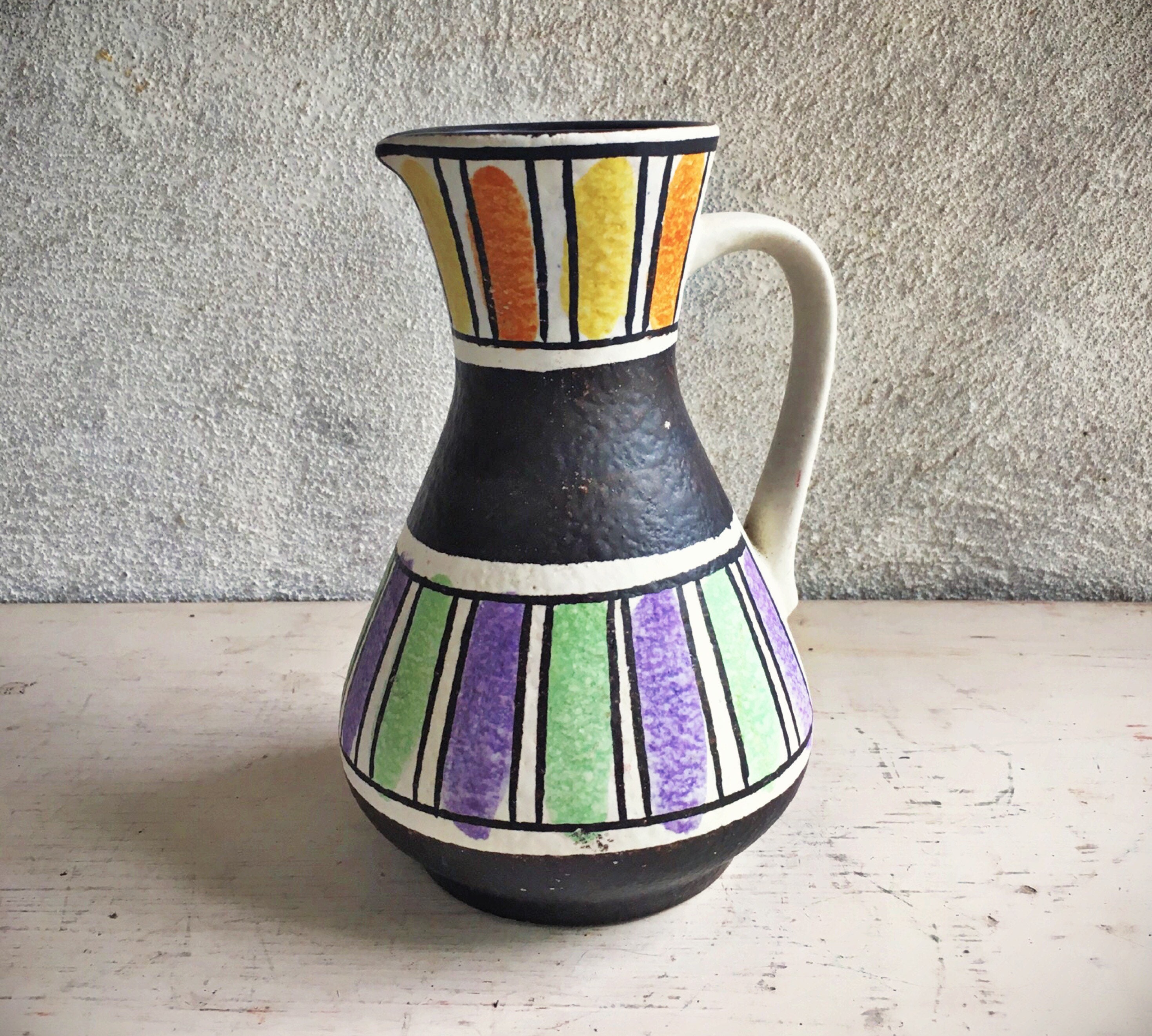 West German Pottery Vase Black White Colorful Jasba Ceramic Pottery Pitcher