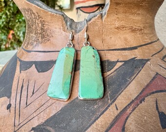 Slab Turquoise Earrings with Thin Silver Wire Frame, Santo Domingo Pueblo Jewelry