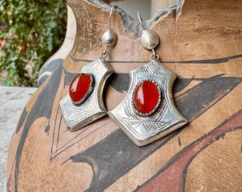 Vintage Tuareg Carnelian Tribal Silver Earrings, Shield Like Shape, Bohemian Jewelry Gift