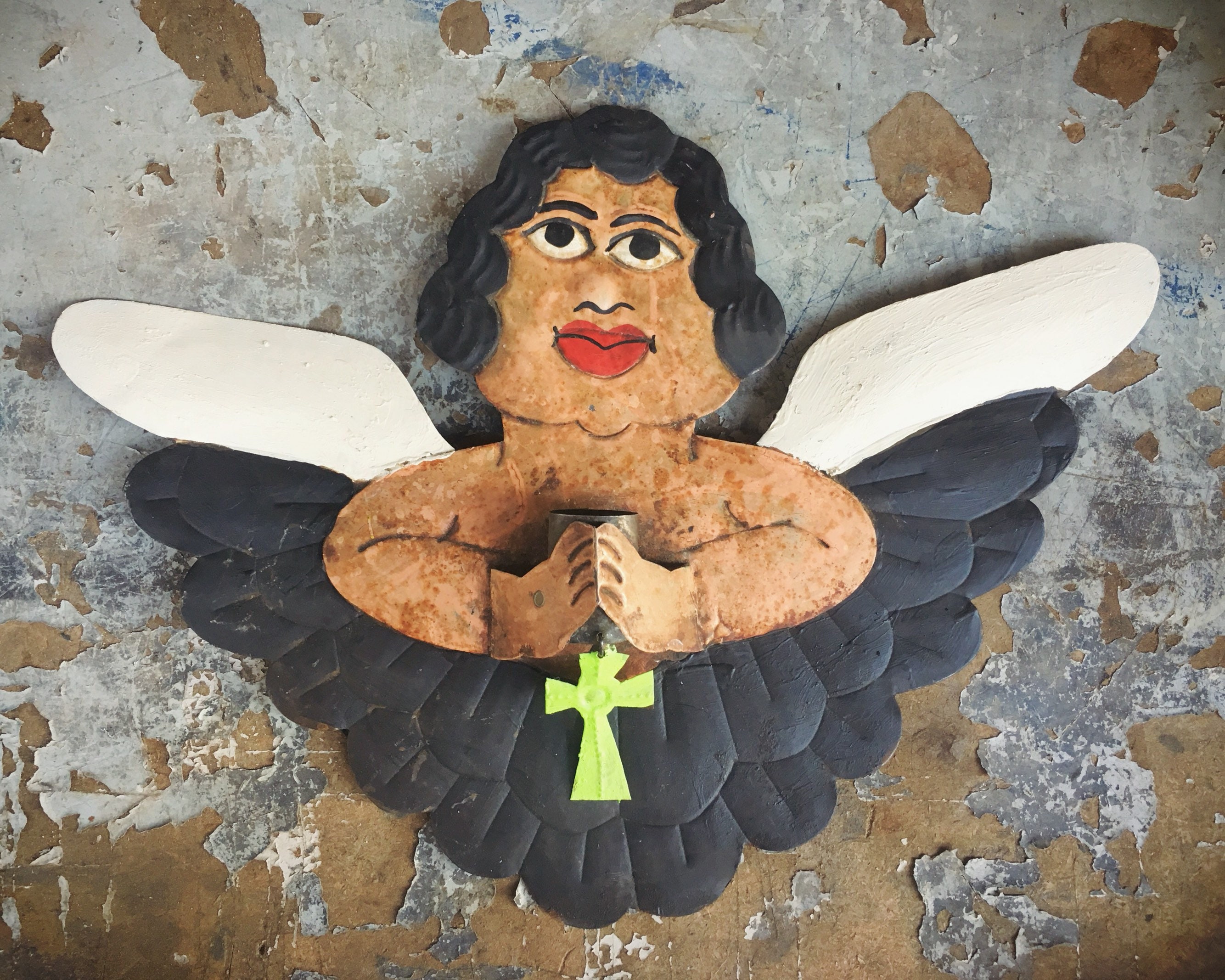 Rare Vintage Nahua Mexican Metal Angel with Wings Wall Hanging, Mexican