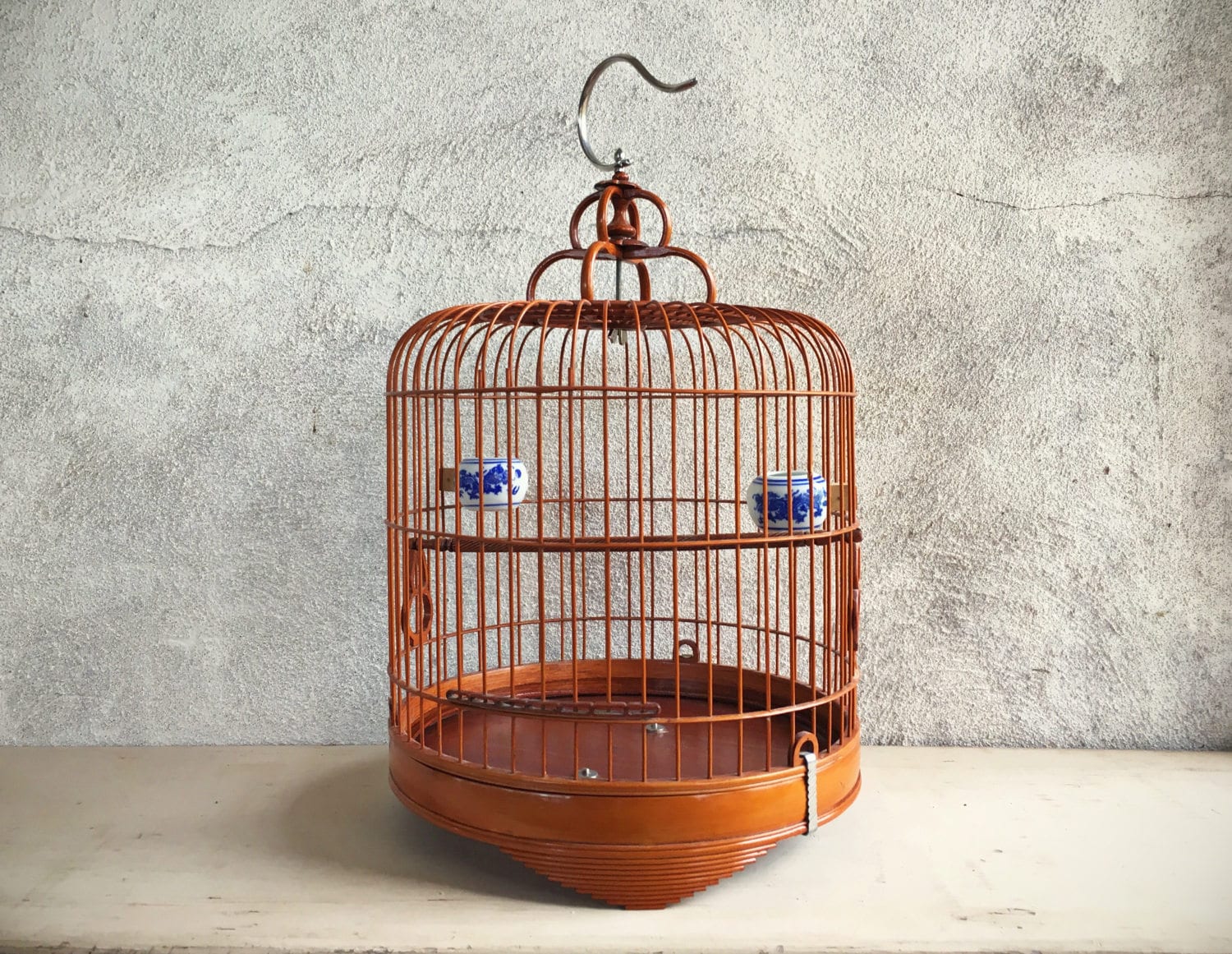 Antique Bamboo Hanging Bird Cage With Japanese Pottery Feeders