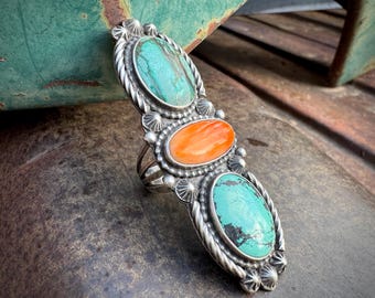 Navajo Ranelle Perry Spiny Oyster Turquoise Long Ring Approx Size 9, Native American Jewelry