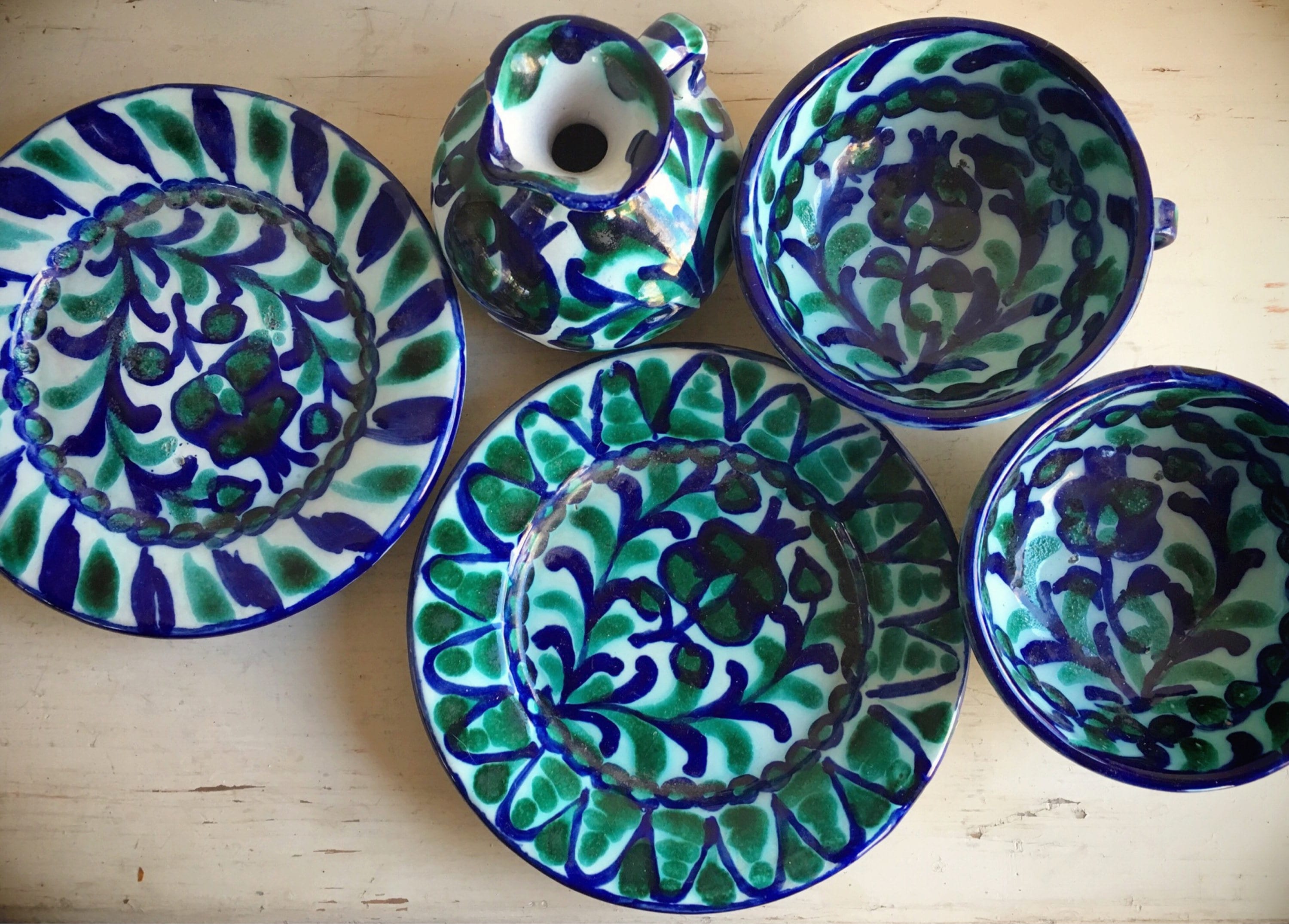 Vintage Granada Spain Pottery Cups and Saucers, Pomegranate Decor