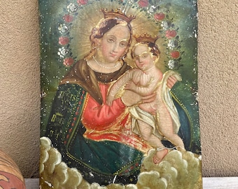 Antique Mexican Painting on Tin Nuestra Senora del Refugio Madonna & Christ Child