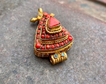 Vintage Coral Encrusted Gau Amulet Box Pendant Gold Tone w/ Turquoise Accents, Tibetan Gift
