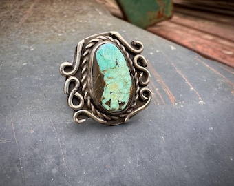 Vintage Matrixed Turquoise Ring Size 8.25, Traditional Navajo Native American Indian Jewelry