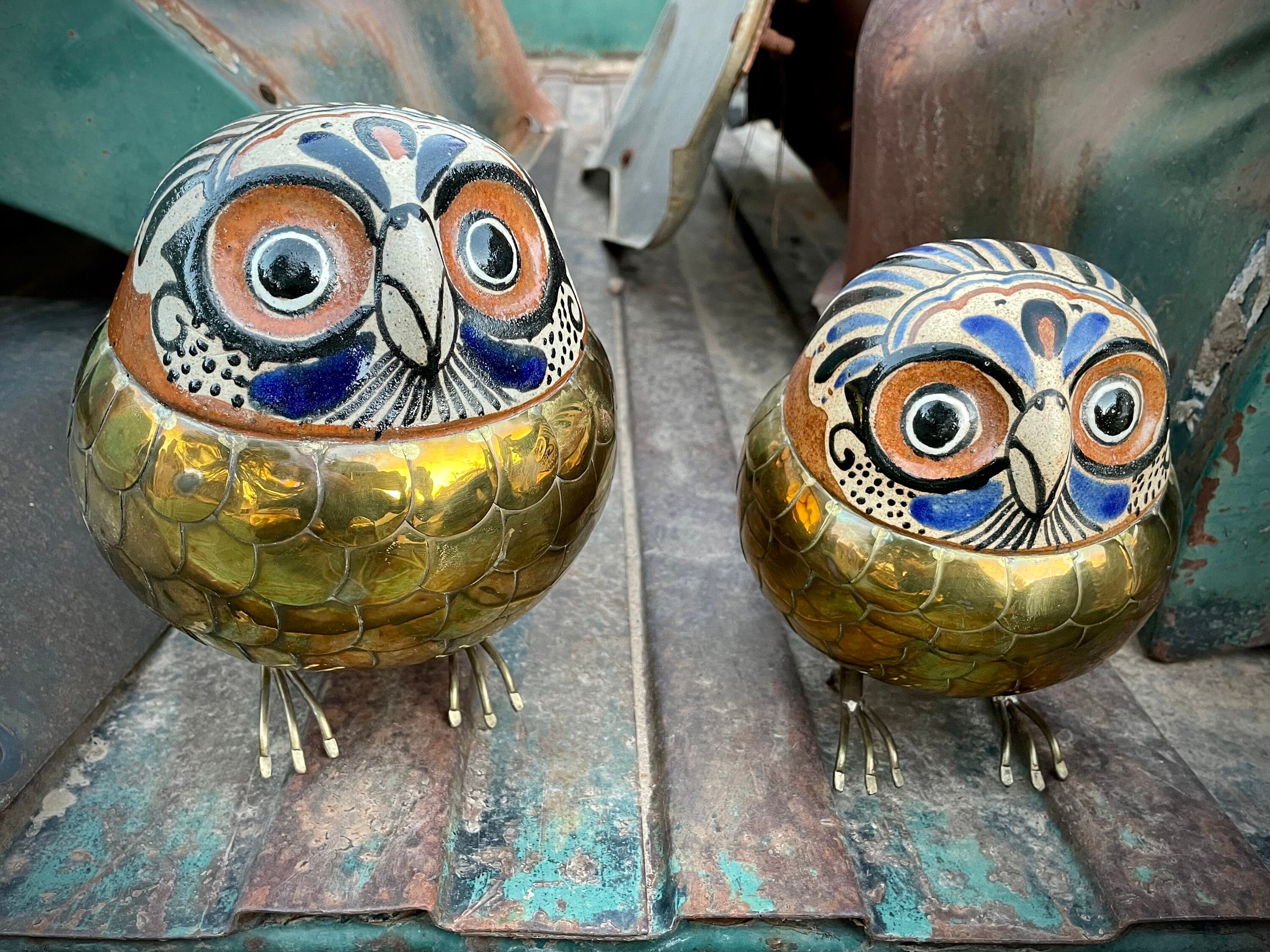 Tonala Mexico Pottery with Brass Owl Family of Four Signed Blazquez ...