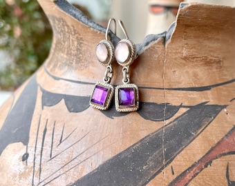 Vintage Sterling Silver Amethyst and Moonstone Earrings for Women, February Birthstone Jewelry