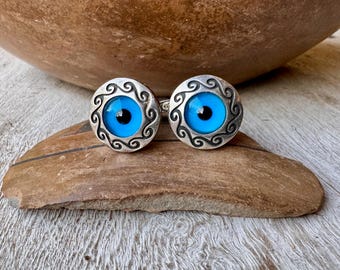 Vintage Sterling Silver Glass Eyeball Cuff Links, Nazar Eye Believed to Deflect Envy