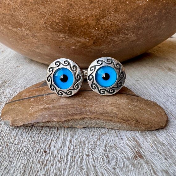 Vintage Sterling Silver Glass Eyeball Cuff Links, Nazar Eye Believed to Deflect Envy