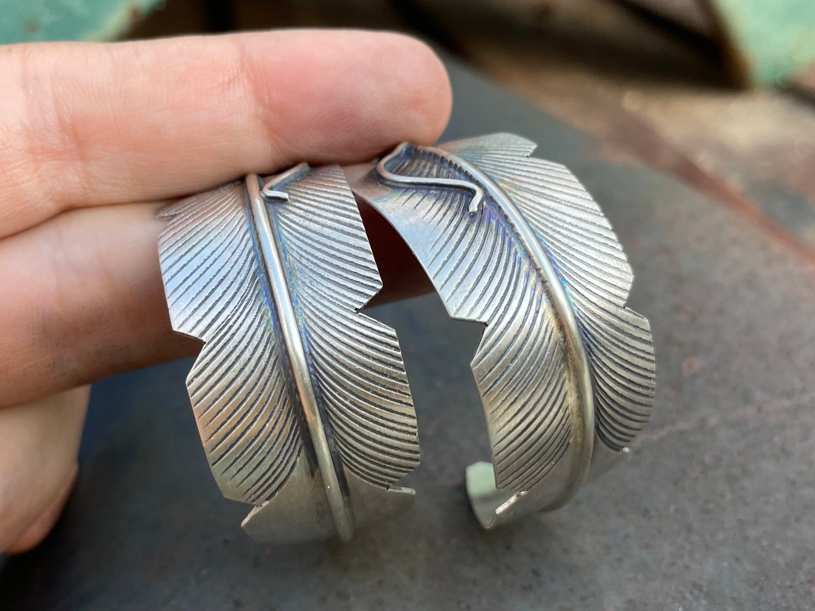 Navajo Chris Charley Sterling Silver Feather Hoop Earrings for Women