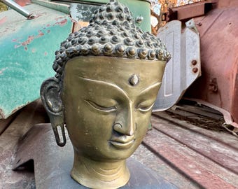 Antique Bronze Bodhisattva Thai Buddha Head Statue, Altar Gifts, Office Library Decor, Desk Bookshelf Display
