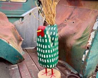 Vintage Painted Wood Chicken 10.5", Inc Feathers 15.5", Green White Spots