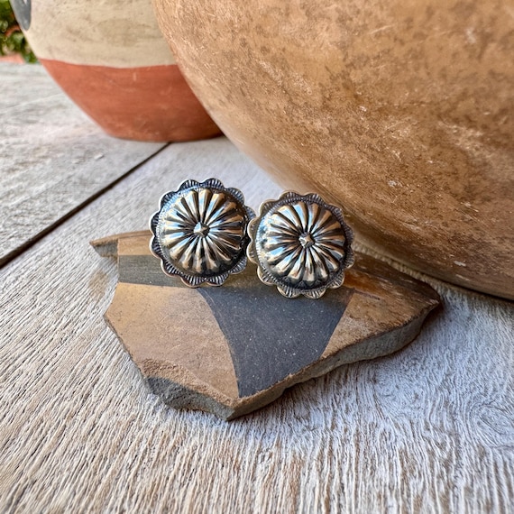 Sterling Silver Repousse Post Earrings Approx 3/4" Dia, Southwestern Jewelry Navajo