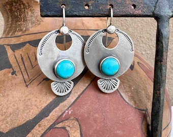 Dennis Hogan Silver Turquoise Revival Dangle Earrings, Early 20th Century Navajo Style