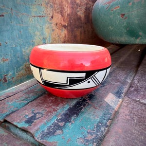 1970s Ute Mountain Indian Pottery Bowl Signed Marcianne, Red-Orange Glaze
